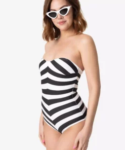 Barbie X Unique Vintage Black & White Chevron Stripe One Piece Bathing Suit