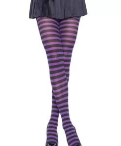LEG AVENUE Black And Purple Striped Nylon Tights For Women