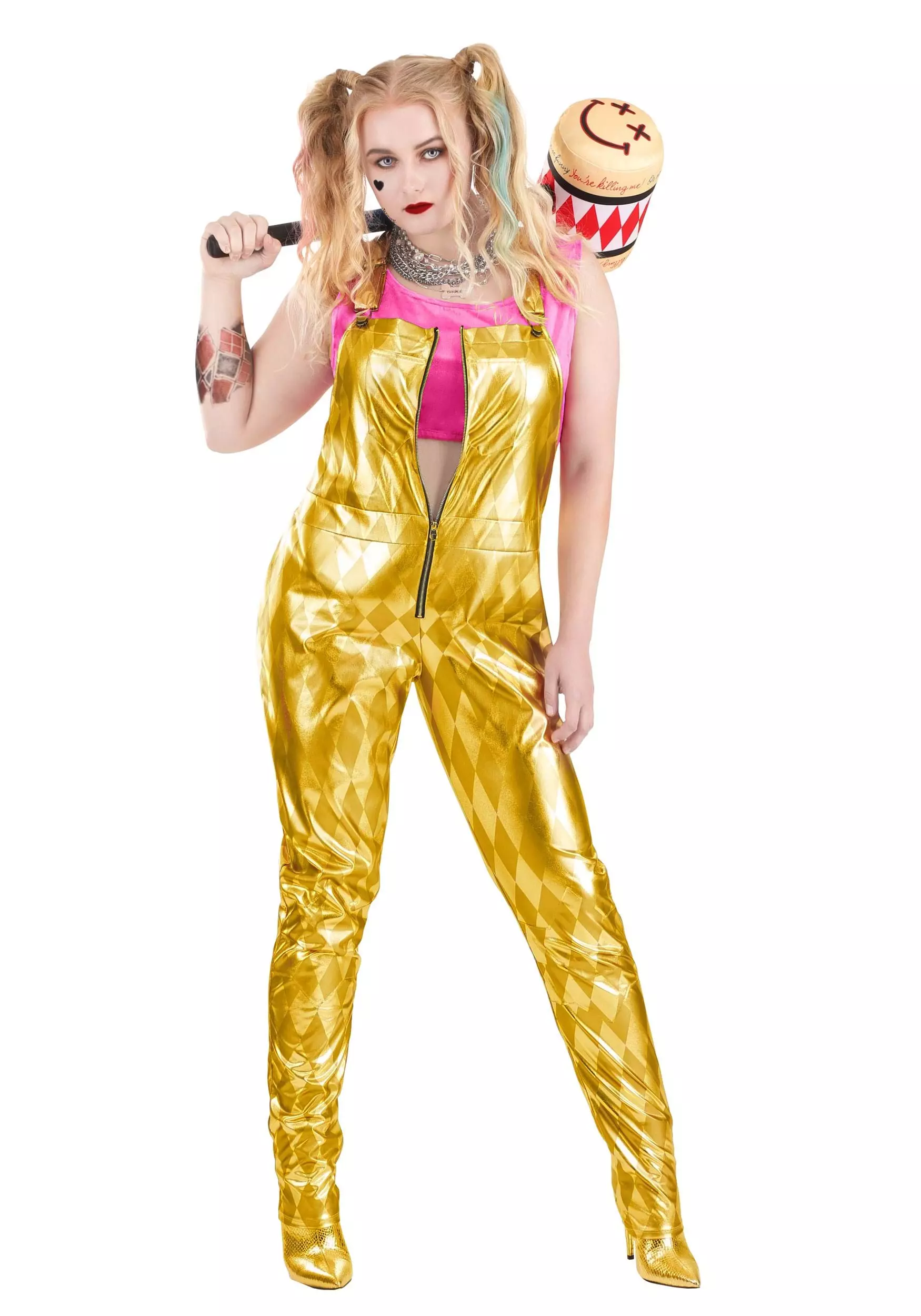 Jerry Leigh Plus Size Harley Quinn Gold Overalls Costume For Women 3 Jerry Leigh Plus Size Harley Quinn Gold Overalls Costume For Women
