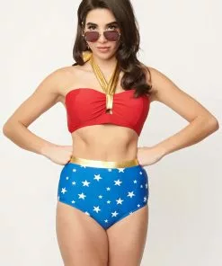 UNIQUE VINTAGE Wonder Woman X UV Halter Red And Gold Bikini Top -Wonderful Halloween Costumes Shop wonder woman x uv halter bikini top alt 2